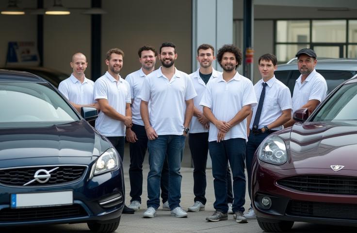 Team of uniformed detailers with cleaning equipment beside polished vehicles