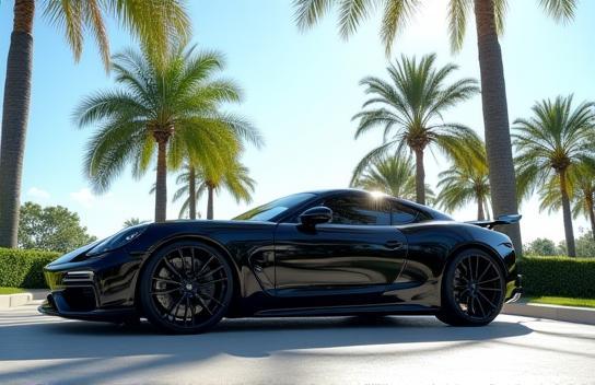 Black exotic car gleaming after detailing under palm trees