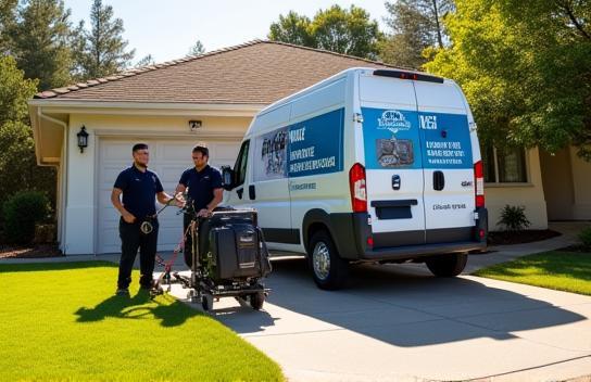Team van and technicians at residential driveway